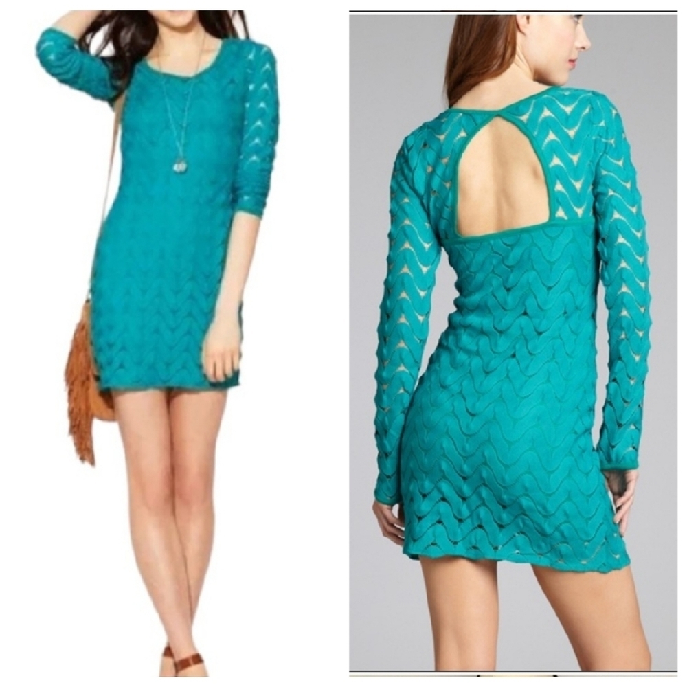 Free People Green Cochet Wild Thing Mini Sheath V Neck‎ Retro